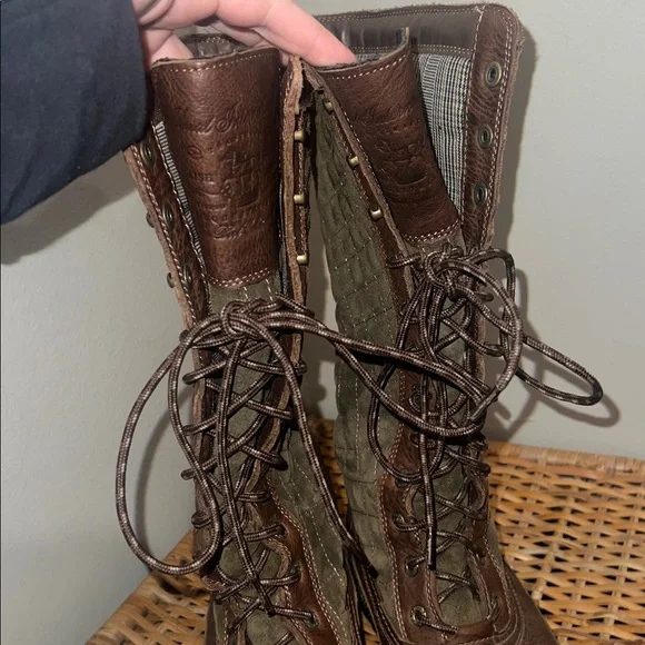 Brown and Green Quilted Knee-High Boots - Picture 7 of 10